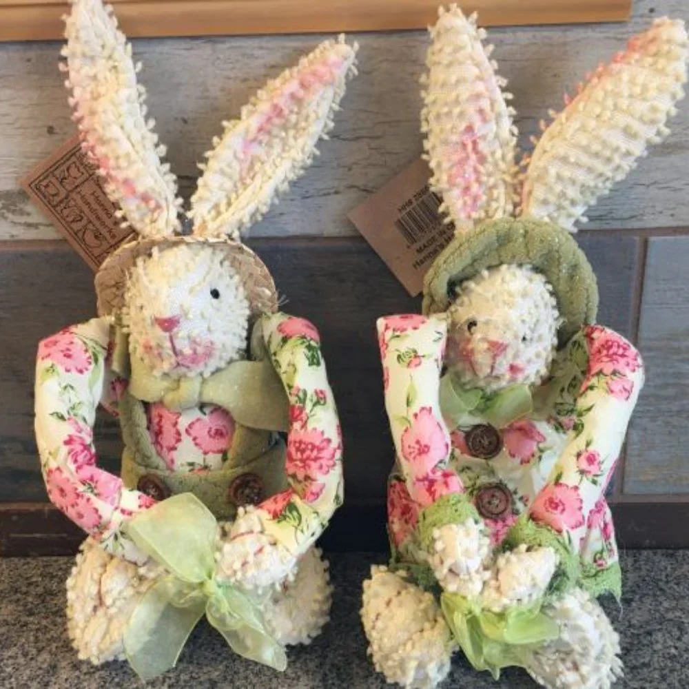 Shabby Chic Chenille Easter Bunny Rabbit Boy & Girl Plush Sitters NEW Lot of 2